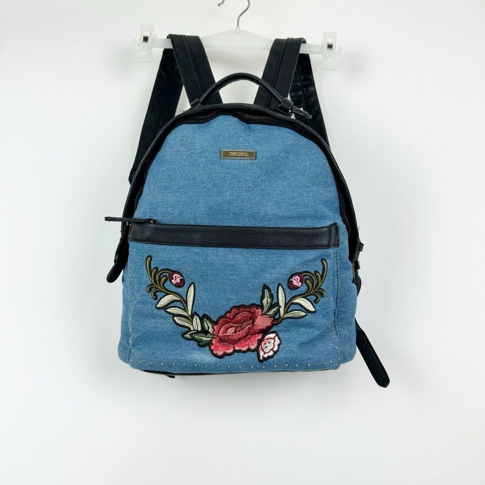 Dream Control Blue Black Canvas Embroidered Rose Adjustable Straps Backpack